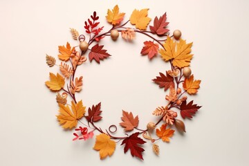 Naklejka na ściany i meble round frame of autumn leaves. card, banner, place for text. red, yellow colored leaves. Autumn composition. pastel background. Flat lay, top view, copy space