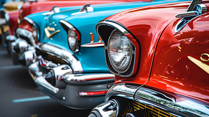 Get nostalgic with this captivating image featuring a classic car show, showcasing stunning vintage vehicles and gleaming chrome. Immerse yourself in the timeless beauty of these automobiles.