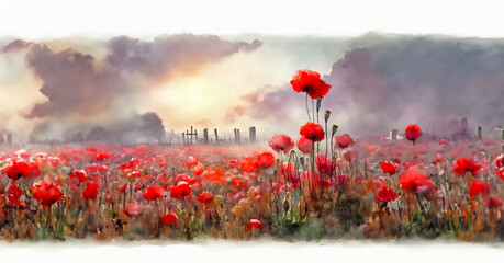 Beautiful watercolour landscape image of a World War 1 (WW1) battlefield with cloudy sky, cemetery and tall poppy flowers on Remembrance Day