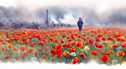 World War 1 (WW1) battlefield filled with red poppies and a soldier. Watercolour. ANZAC Day or Remembrance Day concept