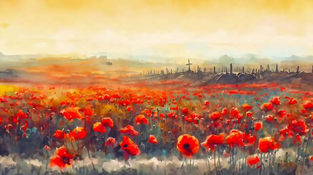 Beautiful watercolour image of a World War 1 battlefield with golden sky, graves and a field of poppy flowers