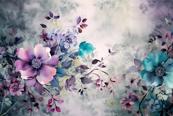 a floral background with purple flowers and green leaves created with Generative AI