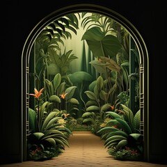 a painting of a tropical scene with a doorway created with Generative AI