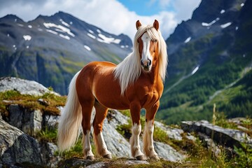 Fototapeta premium Majestic horse grazing on vast alpine meadow with copy space and mountain backdrop