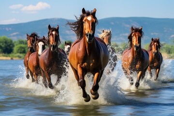Beautiful herd of horses running across the river with ample space for text and captions