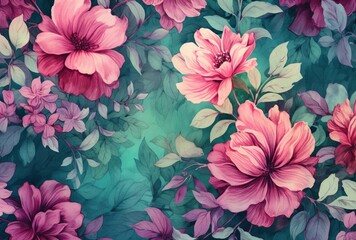 a floral background with pink flowers and green leaves created with Generative AI - obrazy, fototapety, plakaty