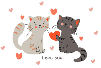 Character design cute cartoon cat with little heart for Valentine day. Doodle cartoon style. Hand drawn vector illustration