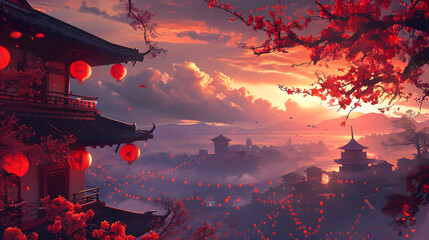 Chinese traditional new year landscape with temple and red lanterns, generative ai