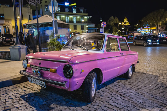 Tbilisi, Georgia - April 24, 2015: Pink ZAZ-968M Zaporozhets car in Tbilisi city