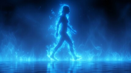 Fototapeta na wymiar Silhouette of a walking woman surrounded by blue energy in a mystical setting