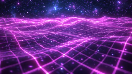 Fototapeta premium Abstract wave made out of grids that are seen from a cinematic view of one of the holy geometry shapes, the shape is clearly animated, clear neon lines, 3d render, nothingness.