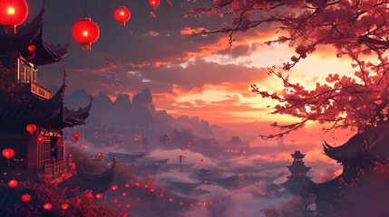 Fotobehang Chinese traditional new year landscape with temple and red lanterns, generative ai © chechotkin