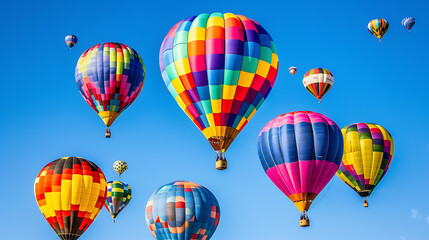Colorful hot air balloons soaring against a breathtaking clear blue sky at the vibrant festival. An enchanting display of beauty and adventure.