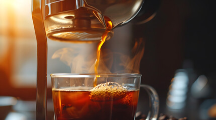 steaming cup of coffee being poured from a French press, capturing the rich aroma and inviting warmth