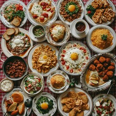 Fototapeta na wymiar Full table of American meals on plates. American food on table.