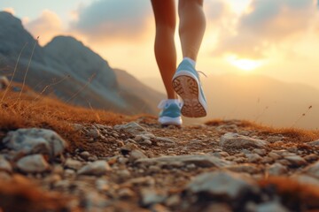Athletic female legs in sneakers at the backdrop of rocky landscape at dawn. Concepts: sports, healthy lifestyle, strength, endurance, beautiful body, sports shoes, active recreation - obrazy, fototapety, plakaty