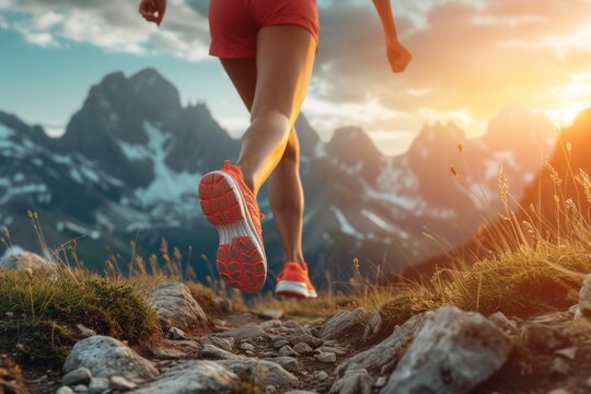 Female legs in orange sneakers and shorts running in mountainous areas at dawn. Concepts: sports, healthy lifestyle, strength, endurance, beautiful body, sports shoes, active recreation