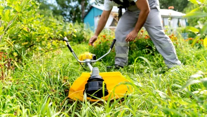 Tuinposter a gardener with a lawn trimmer © I