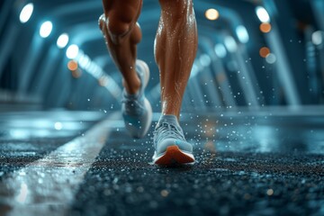 Strong athletic legs in light blue sneakers running along the road. Concepts: sports, healthy...