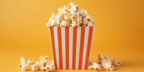 Striped paper box with popcorn on a yellow background