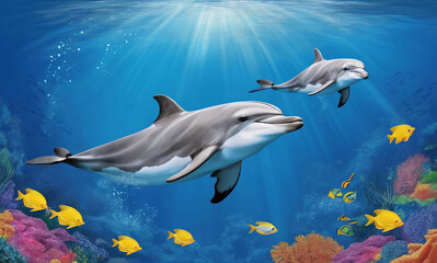 Dolphins under water at the coral reef
with tropical fishes. Underwater world of the ocean.
Algae, corals and sea anemones on the seabed.