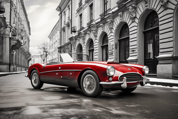 Old black and white city behind red vintage sport car