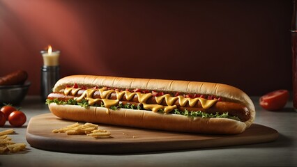 
Immerse yourself in the indulgent world of this enticing image featuring a larger-than-life hotdog. This culinary masterpiece boasts a substantial, perfectly grilled sausage nestled within a soft, go