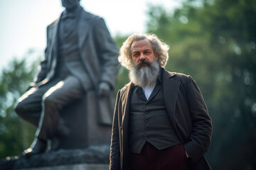 Karl Marx walking through a park with statues of Lenin (generative AI) - obrazy, fototapety, plakaty