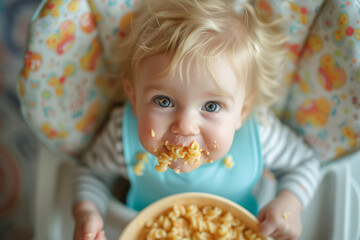 Baby with blue eyes eating pasta, food on face.