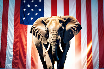 An elephant as a symbol of the Republican Party of the United States against the background of the American flag.