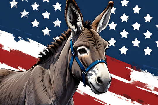 Donkey, as a symbol of the Democratic Party of the United States against the background of the American flag.