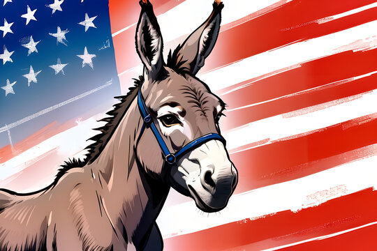 Donkey, as a symbol of the Democratic Party of the United States against the background of the American flag.