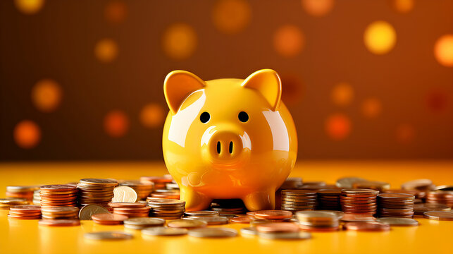 Banner Happy yellow pig piggy bank among scattered coins on a golden background