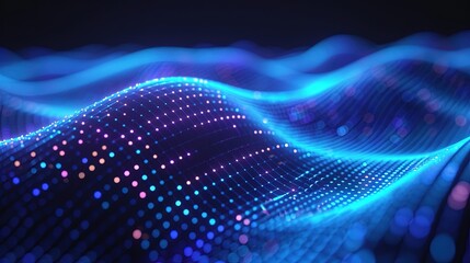 Obraz premium Abstract wave made out of grids that are seen from a cinematic view of one of the holy geometry shapes, the shape is clearly animated, clear neon lines, 3d render, nothingness. Wallpaper, pattern.