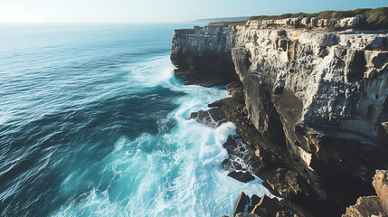 A breathtaking view of a majestic cliff standing tall above the roaring ocean waves, evoking a...