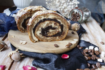 Sponge roll with chocolate and custard 