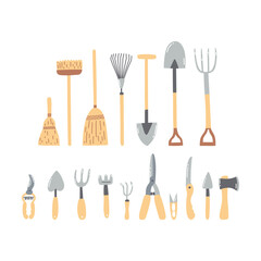 Set of hand drawn garden tools, agricultural items, farm equipment