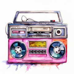 Watercolor-Style 1980s nostalgic cassette player with White Background
