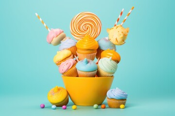Vibrant assortment of sweets fills a yellow bowl. A large swirled lollipop stands in the center, surrounded by multi-colored iced cupcakes. Striped straws and scattered candies. - Powered by Adobe