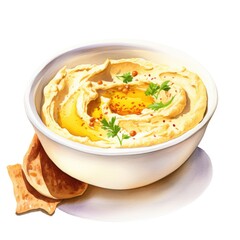 Watercolor-Style a bowl of chickpea hummus for dipping with White Background