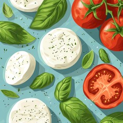 fresh tomato, basil and mozzarella with green leaves hand drawn illustration