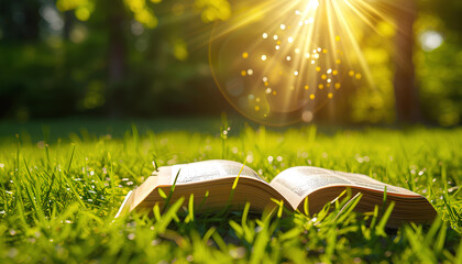 openned book on green grass with sun rays falling on it, summer - obrazy, fototapety, plakaty