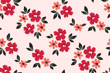 Seamless floral pattern, pretty liberty ditsy print of tiny red flowers. Romantic botanical design: small hand drawn flowers, simple bouquets abstract on a white background. Vector illustration