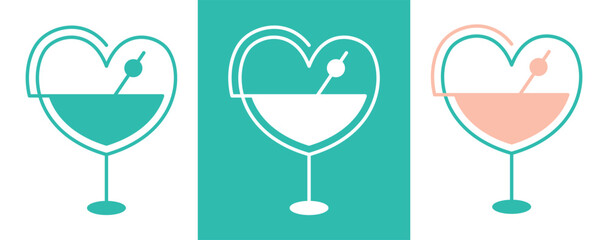 Set with heart - shaped martini glasses. Simple romantic design element, cute isolated glasses of drinks in collection. Graphic symbol for logo, emblem, icon, other. Vector illustration.