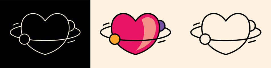 Heart - planet, collection of signs in color and line. Cute romantic symbol of heart, cosmic love in retro style. Graphic design element for logo, icon, identity, other. Vector illustration. © Yulya i Kot
