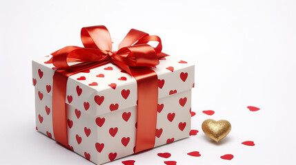 “A Beautifully Wrapped Gift Box with Red Heart Patterns, a Silky Ribbon, and a Golden Heart for Special Occasions
