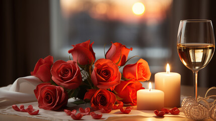 A Romantic Evening Red Roses, Candles, and a Glass of Wine Set Against a Warm Sunset