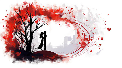 A Romantic Silhouette of a Couple Embracing Under a Tree, Surrounded by Red Watercolor Splashes and Hearts Illustrating Love and Passion