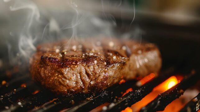  sizzling steak on a grill, showcasing the delicious char marks and enticing aroma
