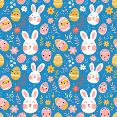 Hand draw Easter background with colorful eggs and Easter bunnies. Happy Easter seamless pattern. High resolution for your wallpapers and printables. Generative AI